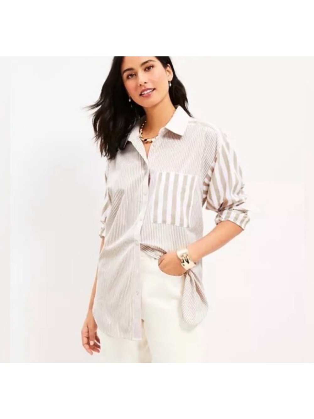 LOFT Tan & White Striped Button Down Shirt Classic Coastal Lightweight Size XS